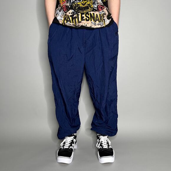 Vintage Nike Track Pants Navy Blue Nylon Joggers Subtle Embroidered Logo 90s - Picture 2 of 4